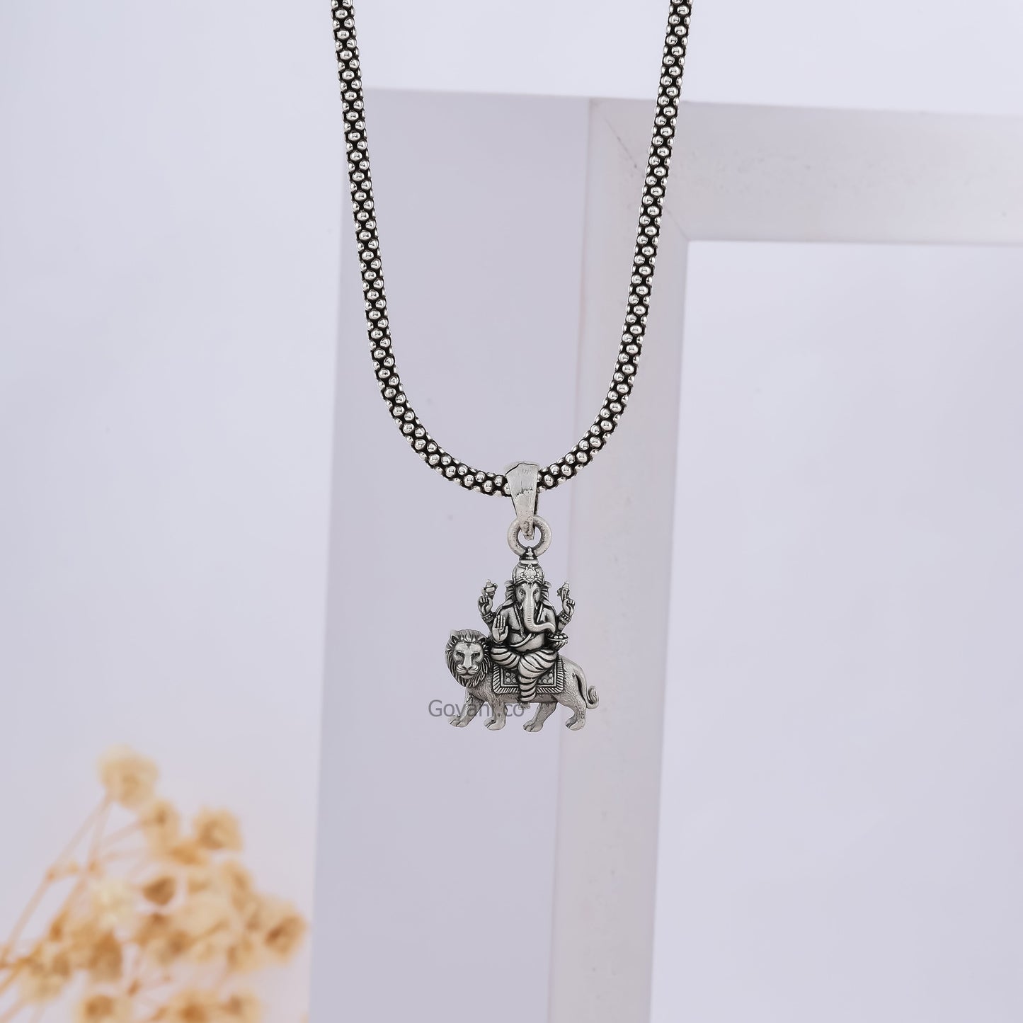 Heramba Ganesha lion silver pendant close-up,