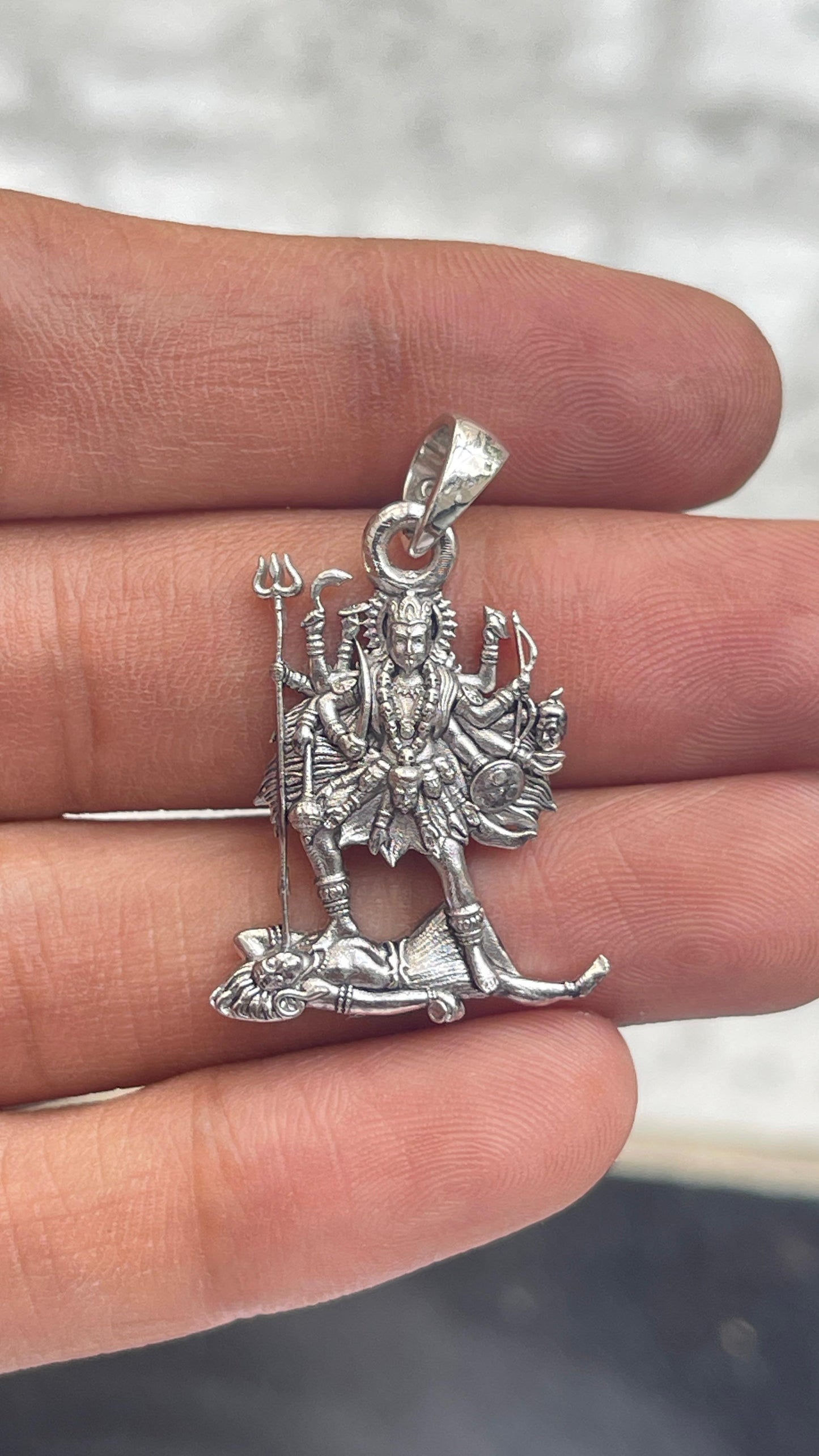 Silver Hindu goddess pendant for puja