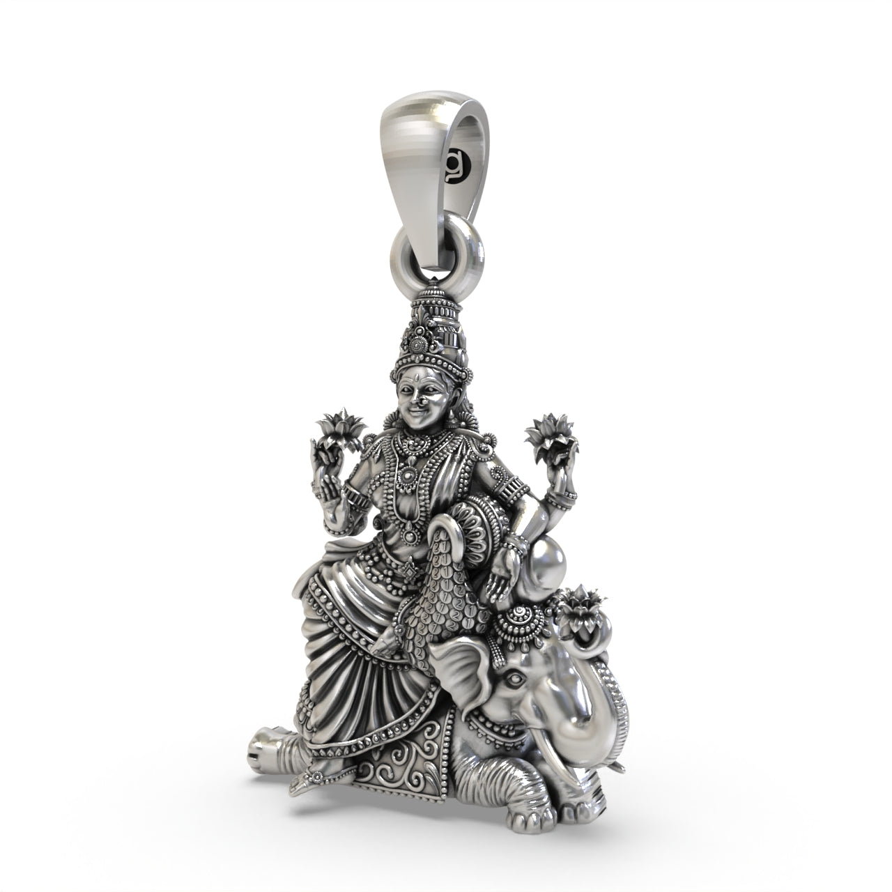 Close detail of 925 silver Lakshmi pendant,